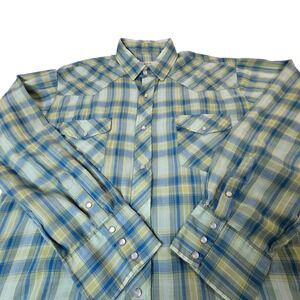 Men's Roper Shirt‎ Blue Green Plaid Western Pearl Snap Button Up Long Sleeve XL